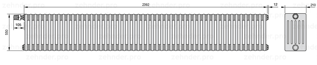 Схема (чертеж) Радиатор Zehnder Charleston 6055/52 №V011 Белый глянцевый RAL 9016